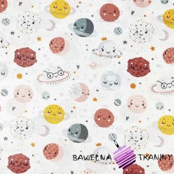 Cotton 100% pink orange smiley planets on a white background