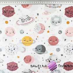 Cotton 100% pink orange smiley planets on a white background