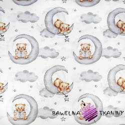 Cotton 100% teddy bears with books on gray purple moons