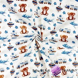 Cotton 100% teddy bears with blue-brown tops on a white background
