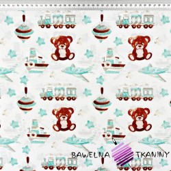 Cotton 100% teddy bears with mint-brown tops on a white background