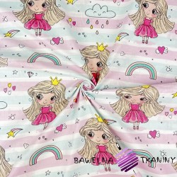 Cotton 100% princesses with a rainbow on pink and mint stripes