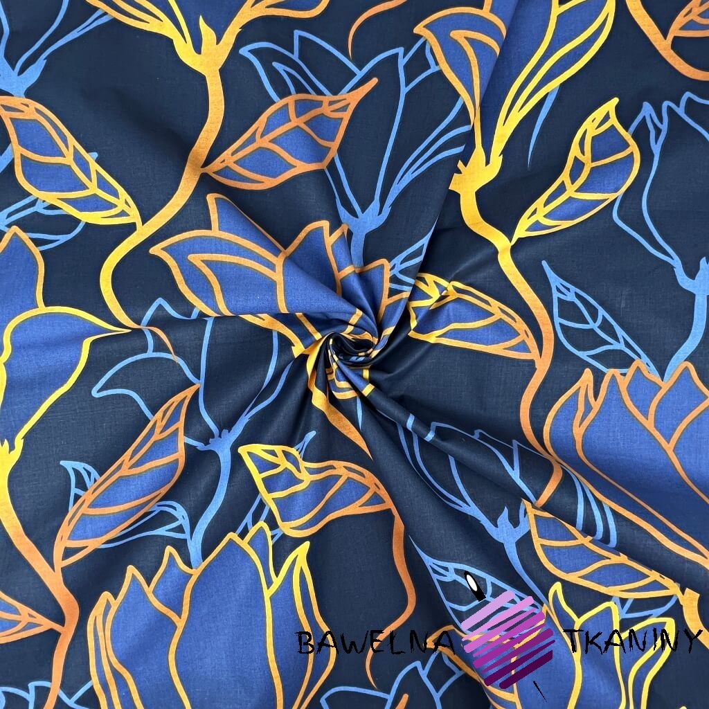 Cotton fabric blue-orange contour flowers - 220cm
