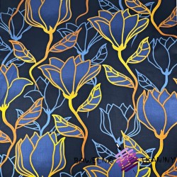 Cotton 100% blue-orange contour flowers