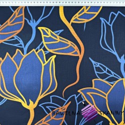 Cotton 100% blue-orange contour flowers