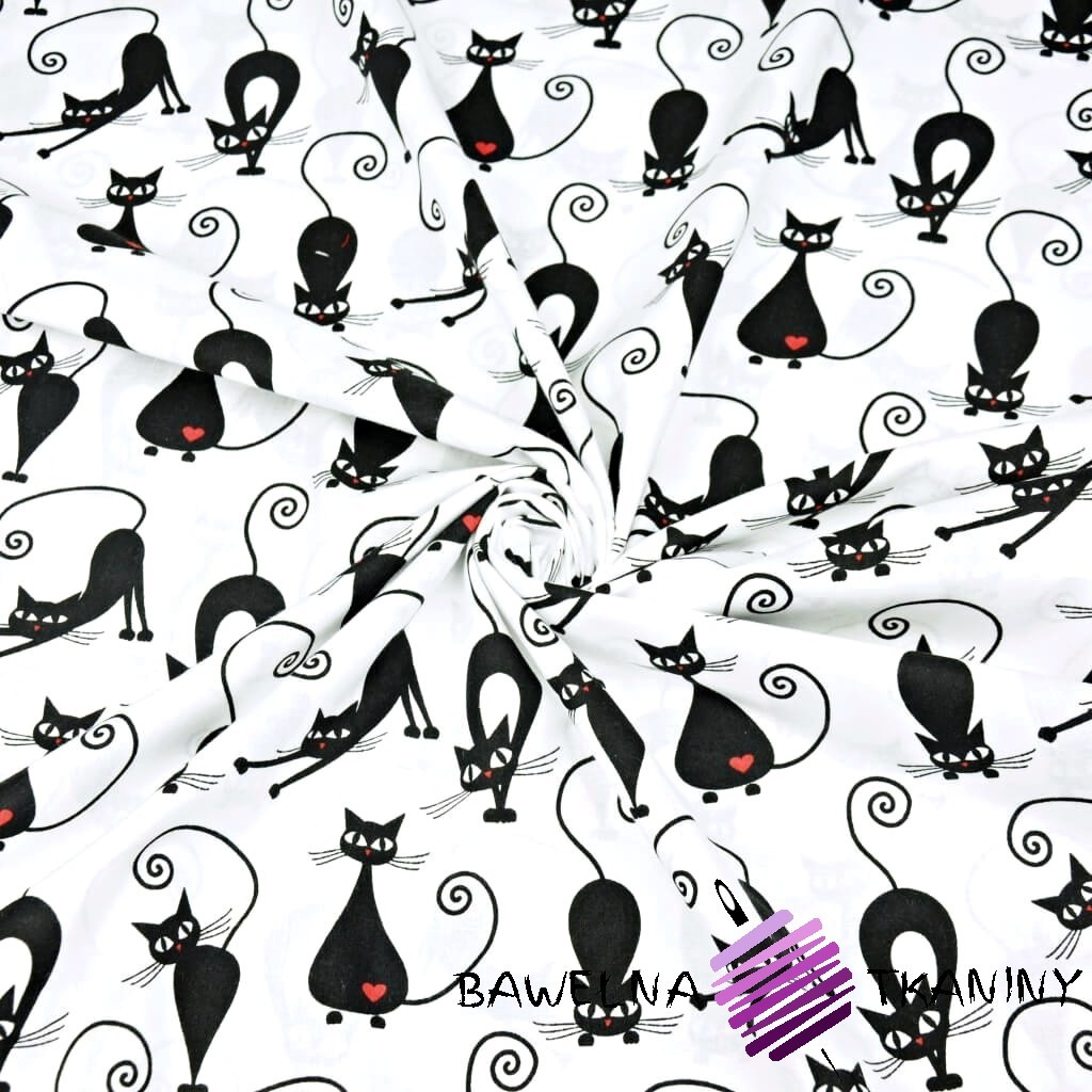 Bawełna 100% kotki z serduszkami czarne na białym tle