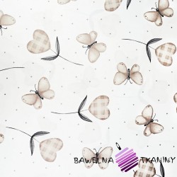 Bawełna 100% serduszka z motylkami różowymi na beżowym tle