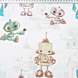 Cotton drawn turquoise-brown robots on a white background