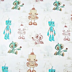 Cotton drawn turquoise-brown robots on a white background