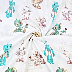 Cotton drawn turquoise-brown robots on a white background