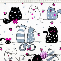 Cotton crazy cats with amaranth additives on white stripped backgrounds