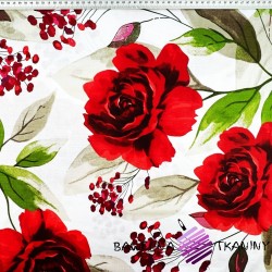 Cotton Flowers of large red roses on a white background