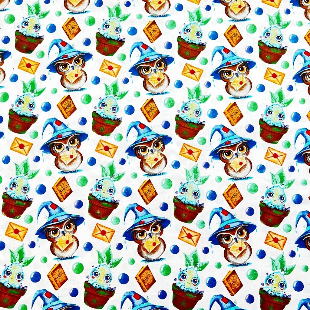 Cotton 100% magical owls and mandrakes on a white background