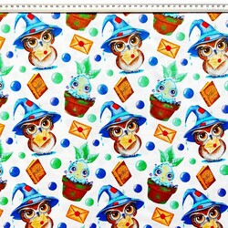 Cotton 100% magical owls and mandrakes on a white background