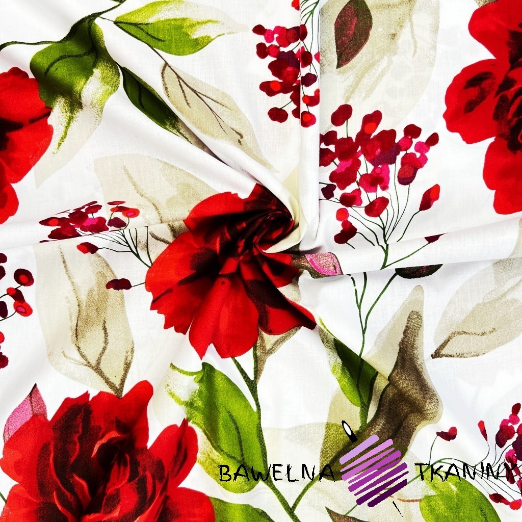 Cotton fabric Flowers large red roses on a white background - 220 cm
