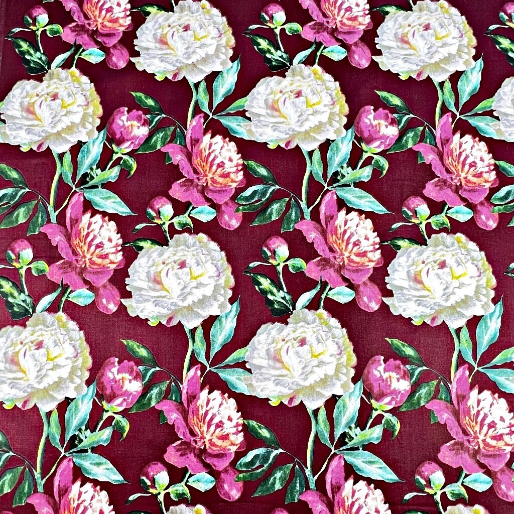 Cotton fabric Pink and white peonies flowers on a maroon background - 220 cm