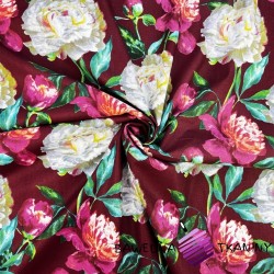 Cotton fabric Pink and white peonies flowers on a maroon background - 220 cm