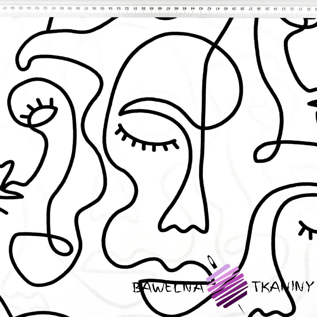 Cotton fabric minimalistic faces lines on white background - 220 cm