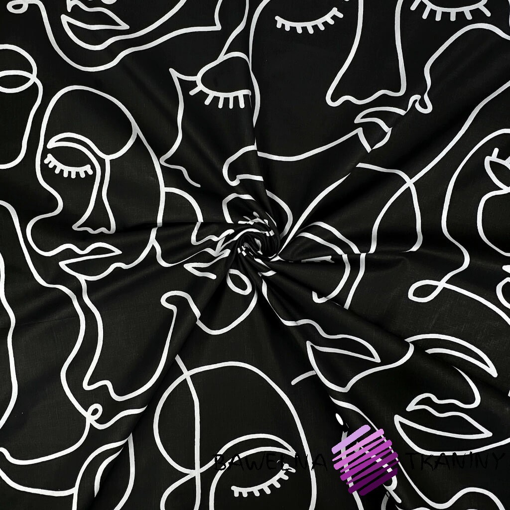 Cotton fabric minimalistic faces lines on black background - 220 cm