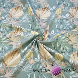 Cotton 100% monstera leaves and boho bouquets on a sage background