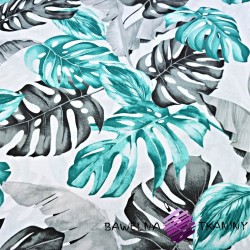 Cotton 100% grey-turquoise monstera and banana leaves on a white background