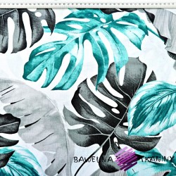Cotton 100% grey-turquoise monstera and banana leaves on a white background