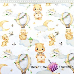 Cotton 100% beige and gray teddy bears on balloons on a white background