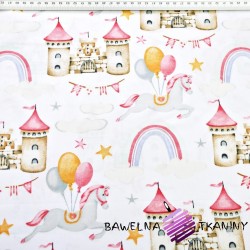 Cotton 100% beige-pink castles on a white background
