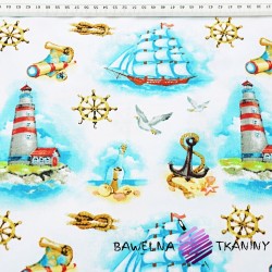 Cotton 100% nautical patterns of lighthouses and blue ships on a white background