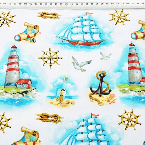 Nautical Pattern Textiles Cotton fabric nautical patterns of lighthouses and blue ships | Fabric ...