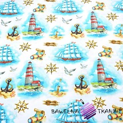 Cotton 100% nautical patterns of lighthouses and blue ships on a white background