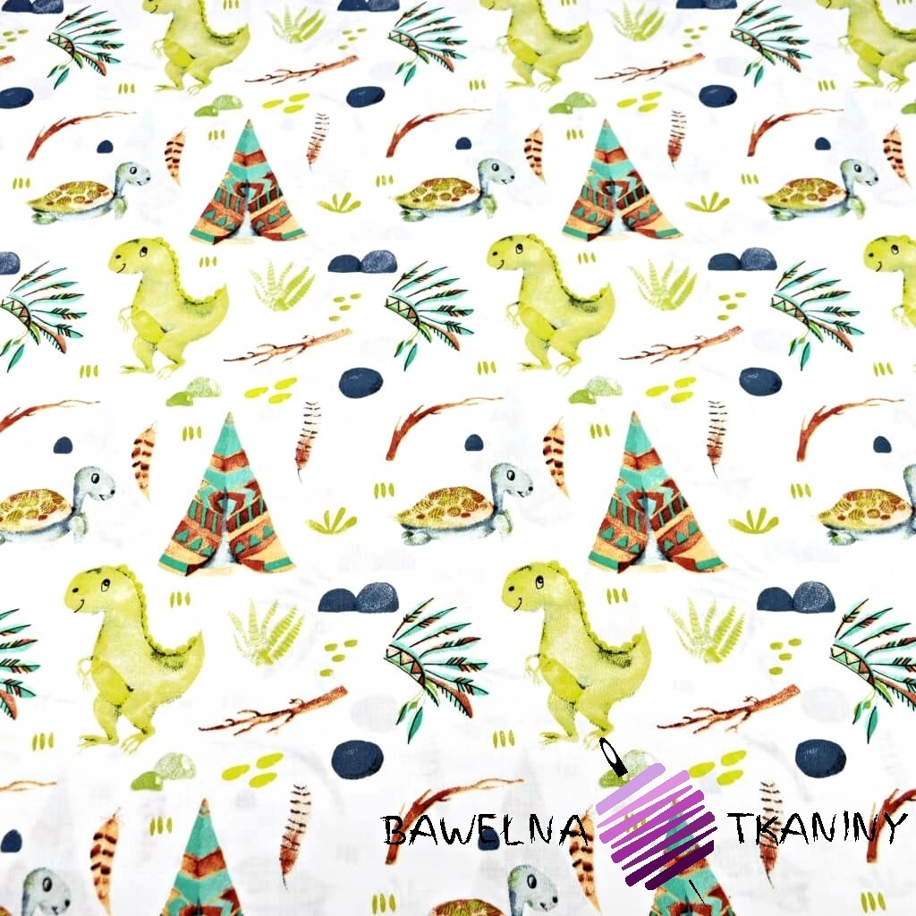 Cotton 100% Indian green dinosaurs on a white background