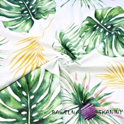 Patterned cotton satin with gold-plated monstera and palm leaves on a white background