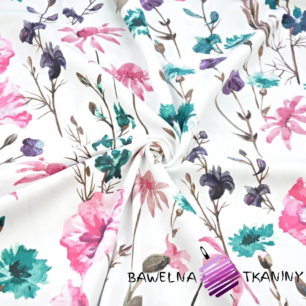 Patterned cotton satin with cornflowers and pink and emerald poppies on a white background