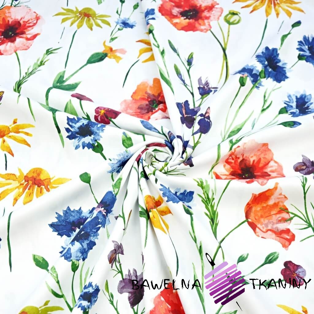 Patterned cotton satin with cornflowers and navy blue red poppies on a white background