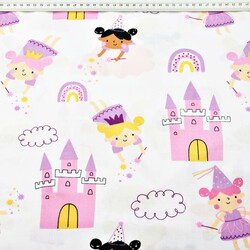 Cotton 100% fairies with pink castles on a white background