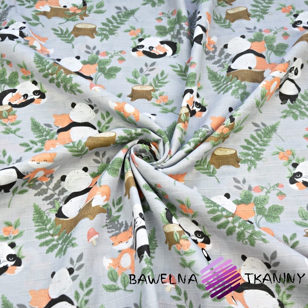Muslin cotton - pandas and foxes on a gray background