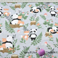 Muslin cotton - pandas and foxes on a gray background