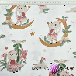 Muslin cotton - pink bunnies on the moons on a white background