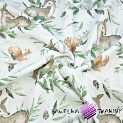 Cotton muslin - deers with bunnies with green leaves on white background