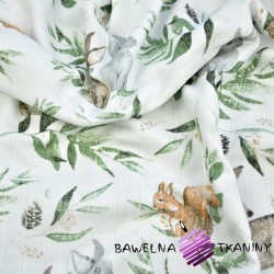 Cotton muslin - deers with bunnies with green leaves on white background