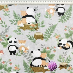 Cotton 100% pandas and foxes on a grey background