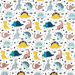 Cotton 100% colorful dinosaurs on a white background