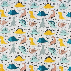 Cotton 100% colorful dinosaurs on a grey background