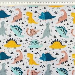 Cotton 100% colorful dinosaurs on a grey background