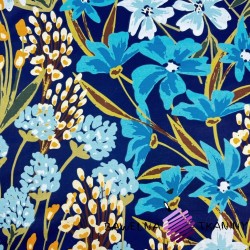 Cotton 100% blue and yellow lotus flowers on a navy background