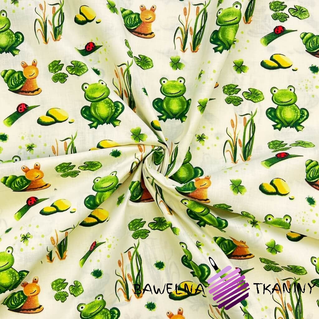 Cotton 100% green frogs on ecru background