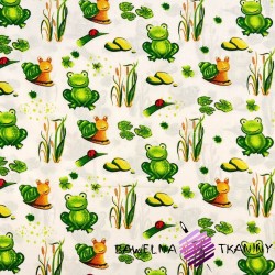 Cotton 100% green frogs on ecru background