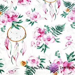 Cotton 100% pink flowers and dream catchers on a white background