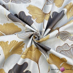 Cotton 100% gray-gold ginkgo on grey background